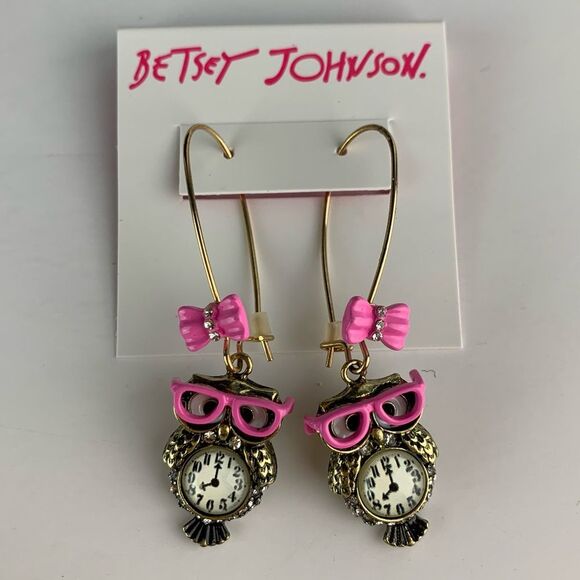 New Betsey Johnson Gold Tone Back to School Owl Pink Glasses Clock Drop Earrings - Picture 1 of 6